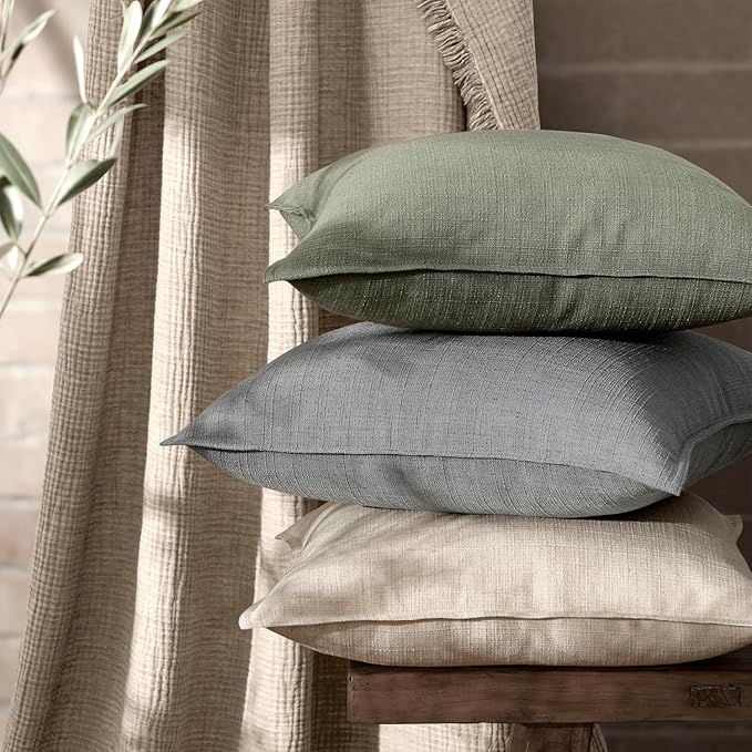 MIULEE Euro Sham Pillow Covers for Bed 24x24, 2 Pack Olive Green Thick & Textured Decorative Throw Pillow Covers, Neutral Linen Cushion Cases, Modern Farmhouse Home Decor, No Filling