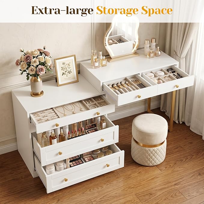 FansaFurn 5-Drawer L-Shaped Vanity Table, Extendable Makeup Vanity Desk with Storage, Modern Dressing Table for Bedroom, Dressing Room, White