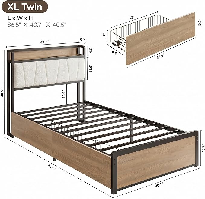 LIKIMIO Twin XL Bed Frame, DIY Storage Drawer Layout, Charging Station & LED Lights, Boucle Upholstered Platform XL Twin Bed Frame for Teen Rooms, Small Apartments & Bedrooms, Wood and Cream