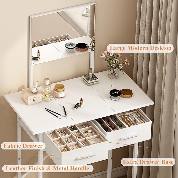 Jakyitvi Small Vanity Desk with Mirror and Drawers, White Makeup Vanity Table with Storage, Compact Vanity for Bedroom, Modern Makeup Desk for Girls, Space-Saving Vanity Table