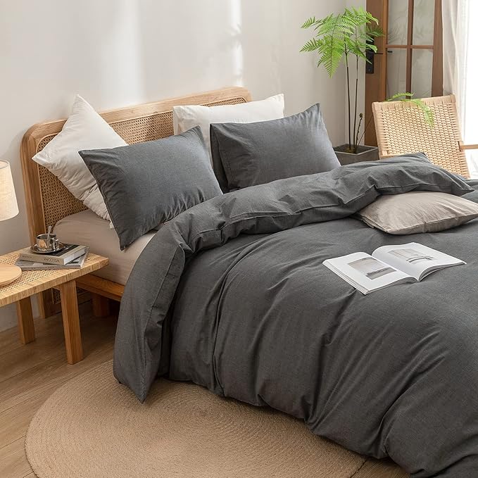 BESTOUCH Duvet Cover Set 100% Washed Cotton Linen Feel Super Soft Comfortable Chic Lightweight 3 PCs Home Bedding Set Solid Dark Grey Full/Double