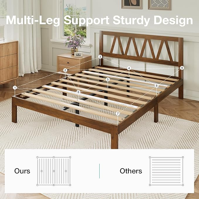 Novilla 12 Inch Queen Bed Frame with Headboard Bed Frame Queen Size Solid Wooden Bed Frame Foundation with Wood Slat Support, No Box Spring Needed, Easy Assembly, Walnut