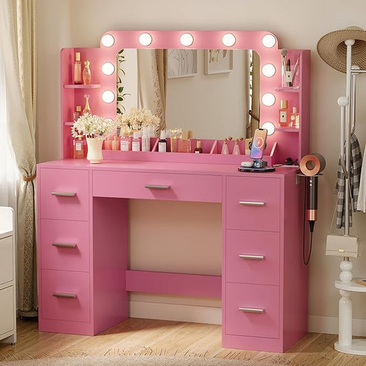 Furmax Vanity Desk with Hollywood Style Mirror with LED Lights, Makeup Table Vanity with 2 AC Outlets and1 USB＆1 Type-C Port, Adjustable Lighting, Modern Ample Storage Drawers Dressing Table (Pink)