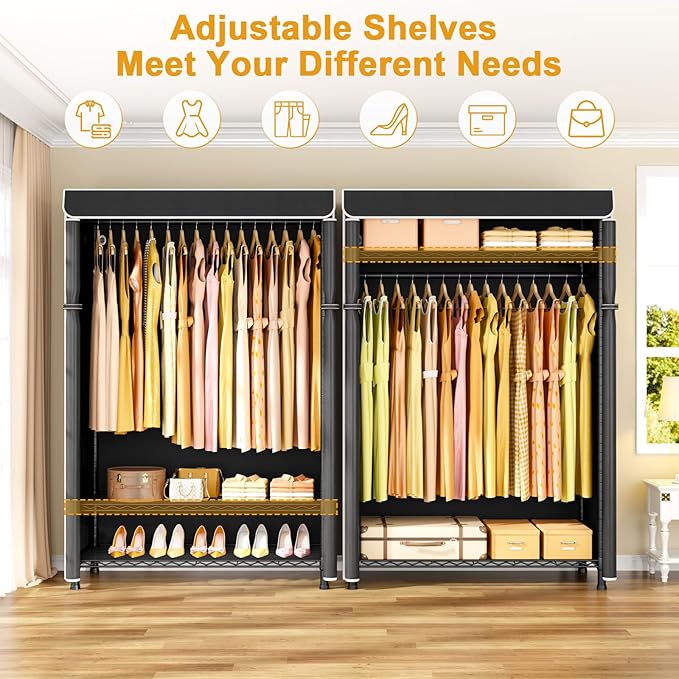 ULIFHOME H5C Plus Clothes Rack with Cover, Portable Closet for Hanging Clothes, Covered Clothing Racks Heavy Duty, Garment Racks with Shelves, Max Load 370LBS, Black Closet Rack with Black Cover