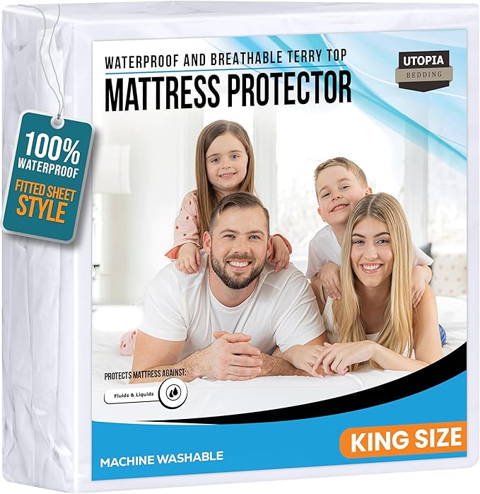 King Size Mattress Protector Waterproof, Premium 200 GSM Terry Mattress Cover, Soft & Breathable Bed Cover, Fitted Sheet Style Stretchable Deep Pockets 17" by Utopia Bedding (White)