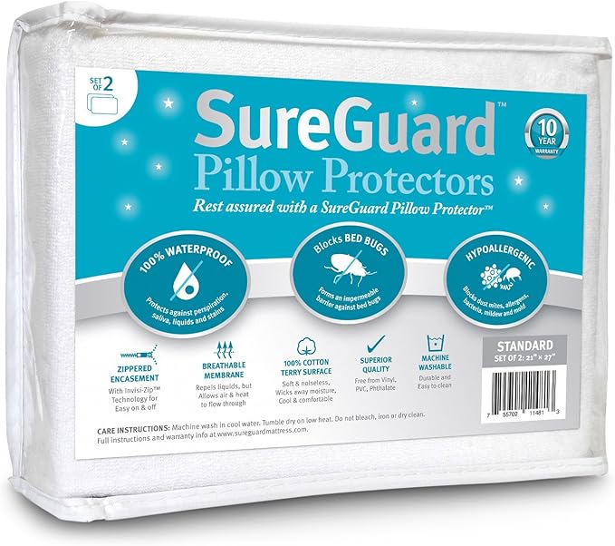 SureGuard Set of 2 Standard Size Pillow Protectors - 100% Waterproof, Bed Bug Proof, Hypoallergenic - Premium Zippered Cotton Terry Covers