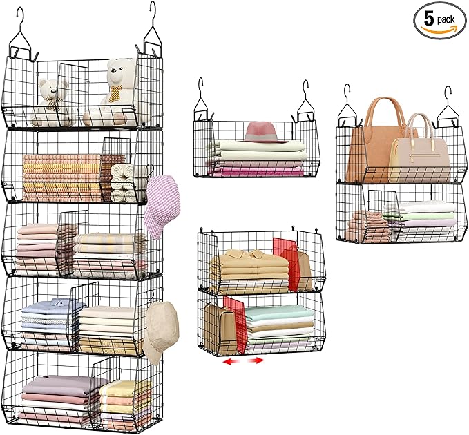 5 Tier Extra Large Closet Hanging Organizer with 5 Dividers,16.5"L x 11.8"W x 51.4"H Closet Organizers and Storage with 5 S Hooks,Clothes Organizer for Sweaters Clutches Handbags Hats Accessories