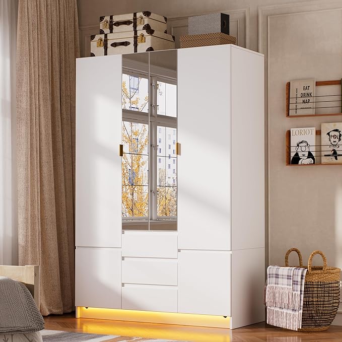 PAKASEPT 4 Doors Armoire Wardrobe Closet with Led Light & Mirror, Bedroom Large Capacity Freestanding Armoire Wardrobe with Drawers, Storage Cabinet with Hanging Rod Storage Closet for Bedroom