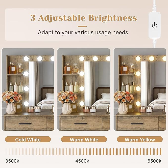 YESHOMY Makeup Vanity Desk with Mirror & Lights, Vanity Table with 5 Drawer, 6 Shelves, Charging Station for Bedroom, Dressing Room, Oak