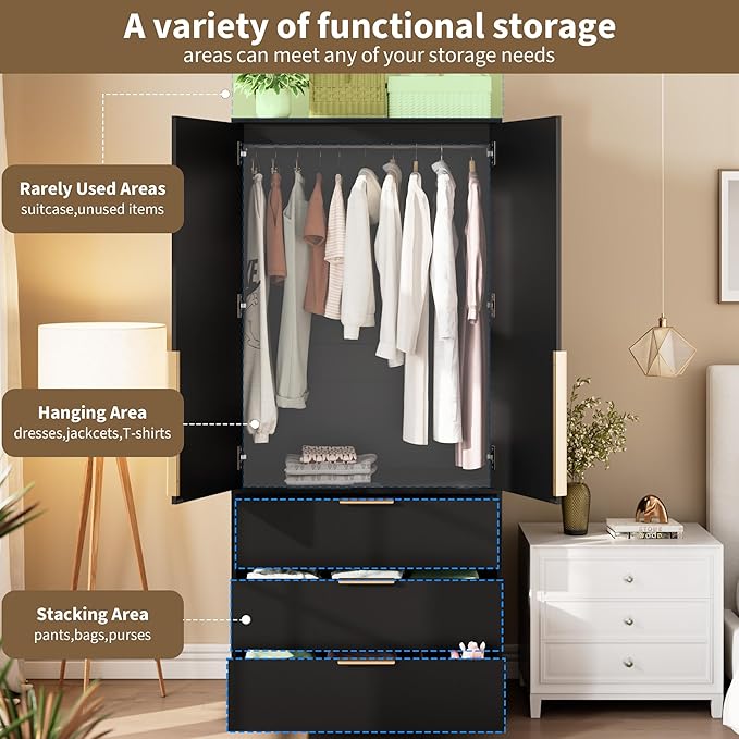 GarveeHome Armoire Wardrobe Closet, 69.5 in Wooden Wardrobe Cabinet with 3 Drawers, Hanging Rod, 2 Doors Clothing Storage Cabinet for Bedroom, Large Capacity Storage, Rattan Door, Black