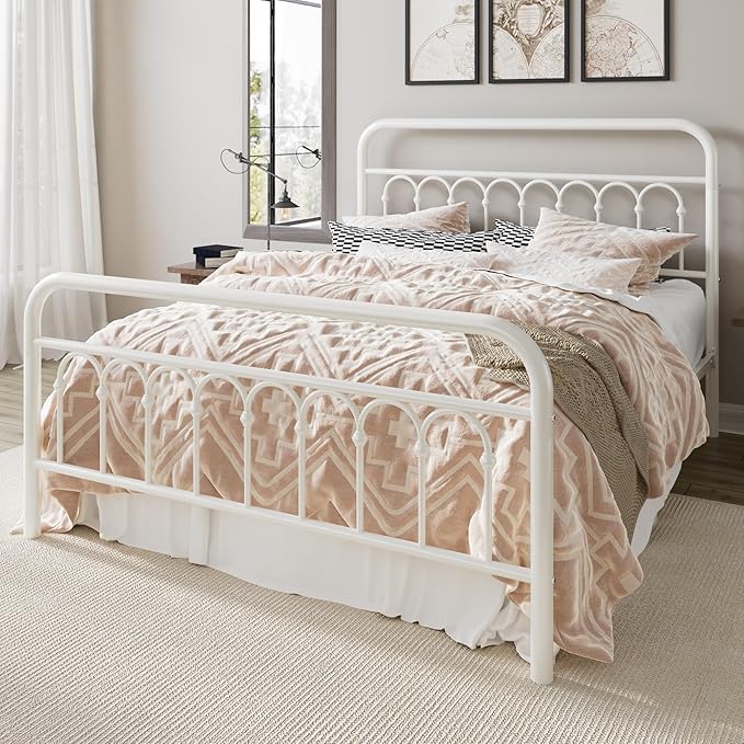 Allewie 14 Inches Queen Size Metal Platform Bed Frame with Victorian Style Curved Iron-Art Headboard/Footboard, Easy Assembly, Under Bed Storage, No Box Spring Required, Cream White