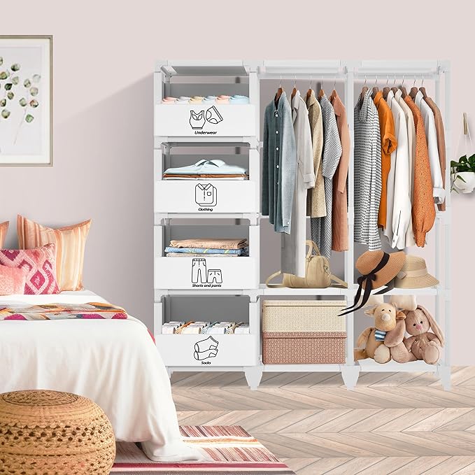 Portable Closet, Easy Assembly, Large Capacity Wardrobe Closet, Sturdy and Stable Clothes Rack with Shelves 4 Storage Baskets and 2 Hanging Rods, for Bedroom and Cloakroom White