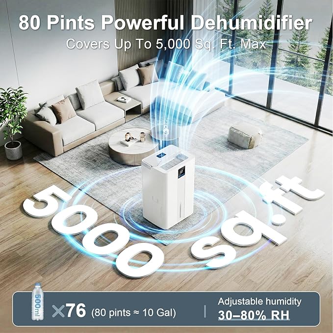 MEPTY Dehumidifier for Basement & Home with Drain Hose,Smart Humidity Control,24H Timer & Child Lock,3-Color Humidity Display Ideal for Bedroom,Bathroom