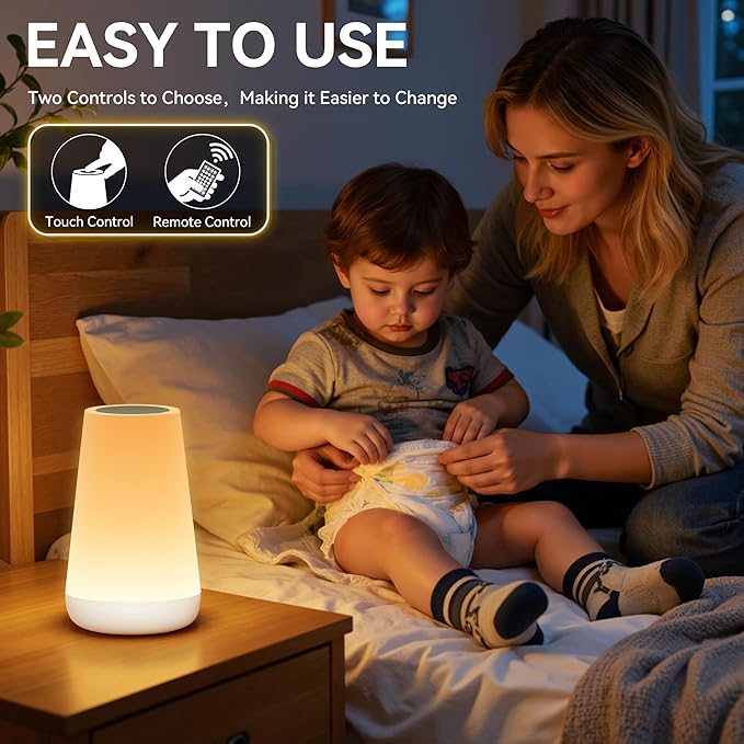 Auxmir Rechargeable LED Night Light, Touch & Remote Control Bedside Lamp with 13 Colors, 5 Brightness Levels, Portable Table Lamp for Kids Baby Nursery, Bedroom, Bathroom, Camping, White
