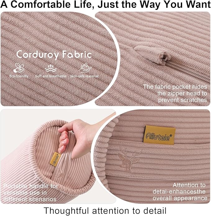 Corduroy Body Pillow,Large Round Bolster Roll Pillow for Side Sleepers, Tube-Style Hugging Body Pillow for Bed & Sofa, Removable Washable Cover,39 x 7.87 Inches,Pink