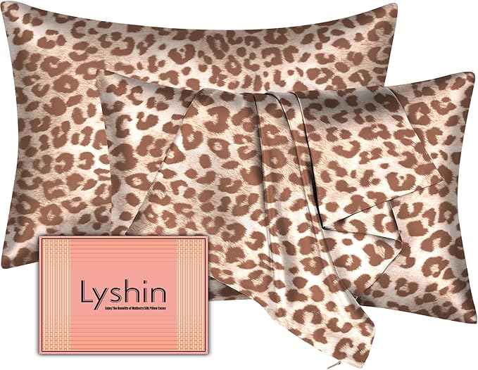 Silk Pillow Cases 2 Pack Standard Size with Hidden Zipper, Mulberry Silk Pillowcase for Hair and Skin, Smooth and Soft Breathable Cooling Silk Satin Pillowcase Set of 2, Gifts for Women，Leopard Beige
