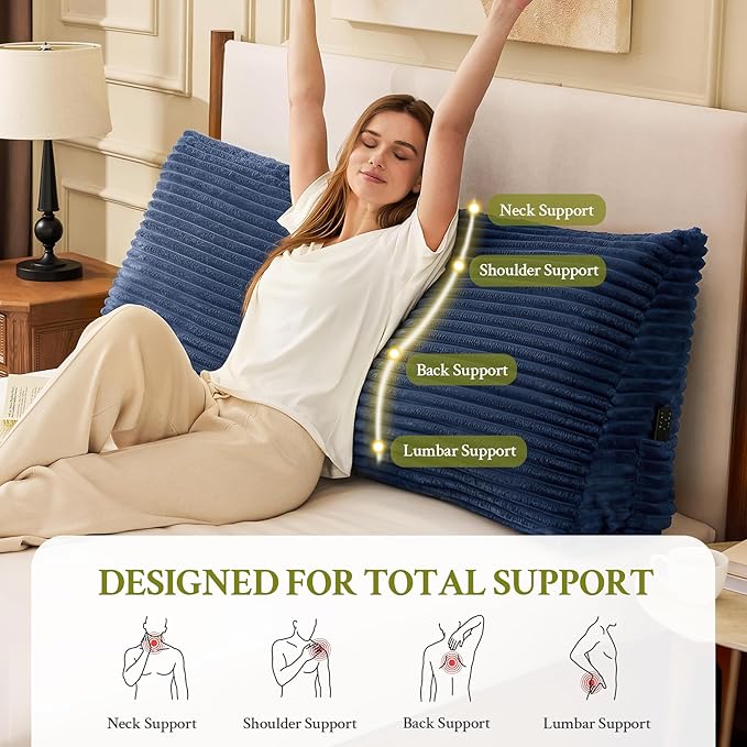 Headboard Pillow King, Headboard Wedge Pillow, Back Rest Pillows for Sitting, Reading, Working, Triangle Pillow with Removable Cover, Daybed Pillows for Bed Dorm Sofa, Navy Blue