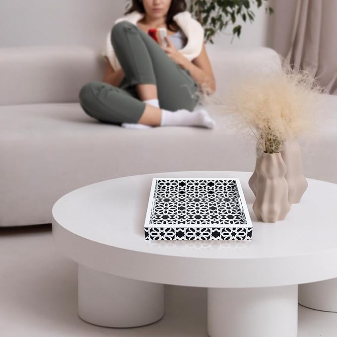 Handicrafts Home 12"x12" Ottoman Tray with Handles, Shiraz Pattern Square Serving Tray for Centerpiece, Resin Inlay Coffee Table Tray, Vanity, Breakfast, Home Décor
