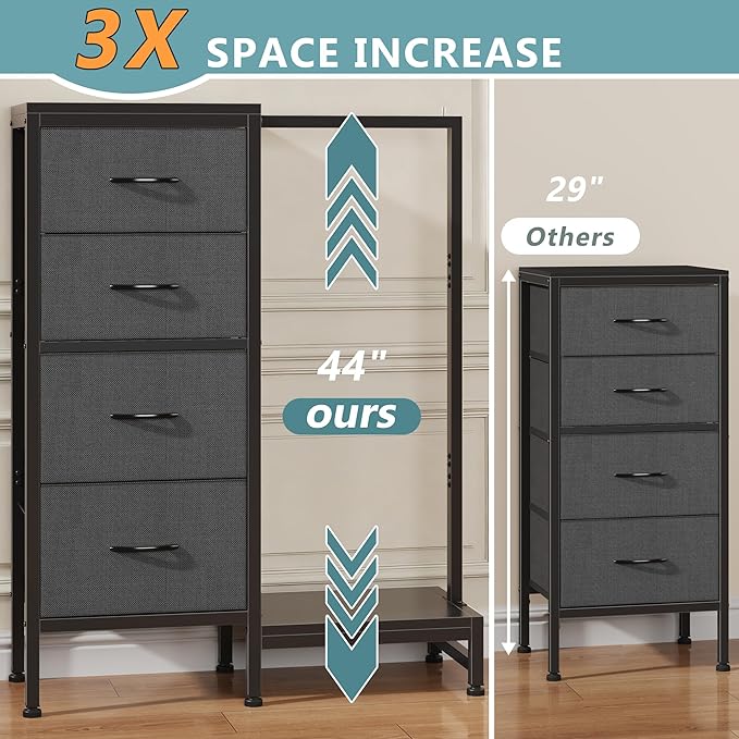 HIGDBFE Dresser with Hanging Rack, 4 Drawers Small Closet for Bedroom, Reversible Fabric Kids Chest of Drawers with Clothes Rack, Tall Storage Tower, Sturdy Frame, Grey, 44''H