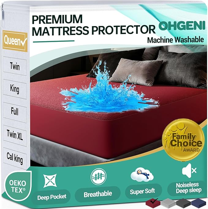OhGeni 100% Waterproof Mattress Protector, Queen Size Red, Fitted Sheet with Deep Pockets, 6''-18'', Premium Noiseless Breathable Soft Material, Mattresses Cover for Bed