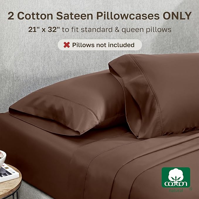 California Design Den Standard/Queen Size Pillowcase Set - Soft 400 Thread Count Sateen, 100% Cotton Pillowcases, Set of 2 Pillow Covers, Breathable, Espresso Chocolate Brown