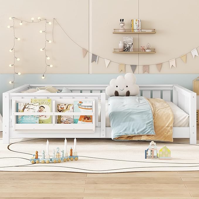 Bellemave Full Size Kids Montessori Bed with Bookshelf,Solid Wood Full Floor Bed Frame with Fence and Slats for Girls Boys,Low-Profile,White