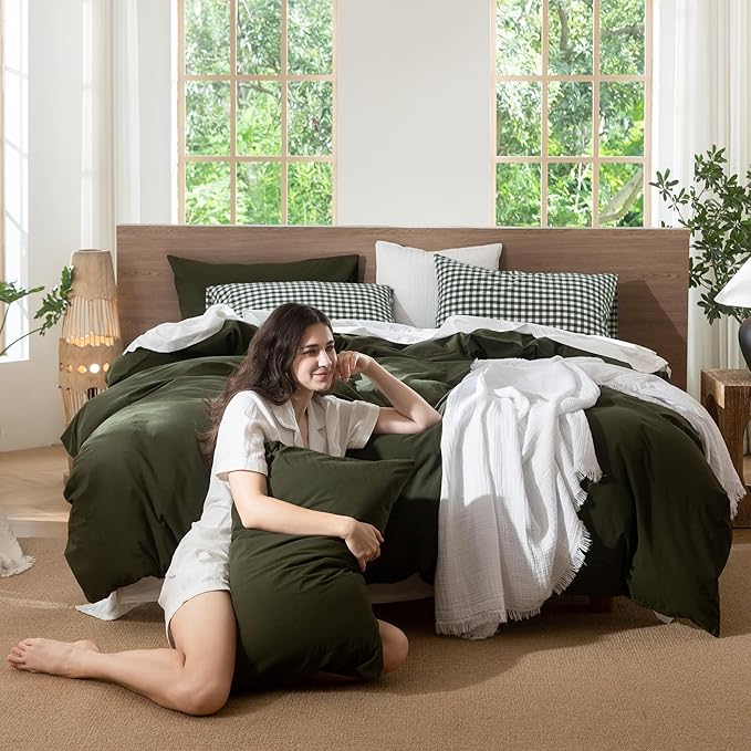MooMee Bedding Duvet Cover Set 100% Washed Cotton Linen Like Textured Breathable Durable Soft Comfy (Solid Olive Green, King 104"x90")