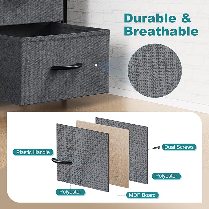 OLIXIS 8 Drawer Storage Dresser with Wood Top - Wide Fabric Chest Organizer for Bedroom, Closet, Living Room,Tower Cabinet, TV Stand, Hallway Entryway Furniture,Grey