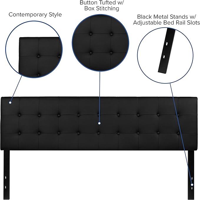 Flash Furniture Lennox Adjustable Height Button Tufted and Box Stitch Upholstered King Size Headboard in Black Vinyl