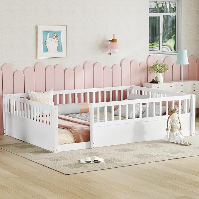 Bellemave Full Size Floor Bed with High Fence, Montessori Bed with Slats and Guardrails, Full Size Montessori Floor Beds Frame for Kids, Girls, Boys, White
