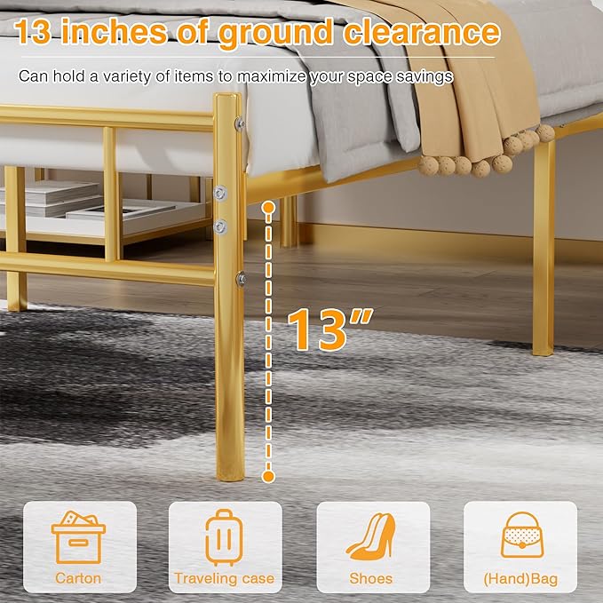 VECELO 14 inch Full Bed Frame Gold Beds Metal Platform Mattress Foundation with headboard Footboard Steel Slat Support/No Box Spring Needed/Easy Assembly