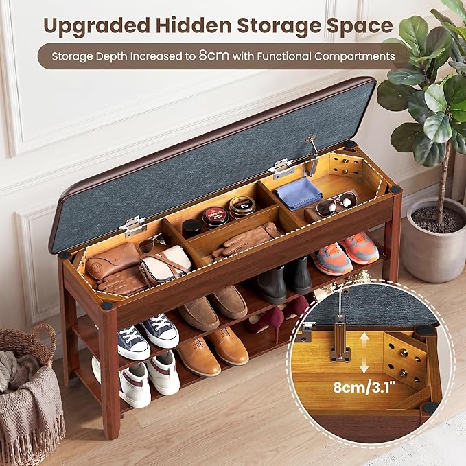 LBT Shoe Bench with Storage, Solid Rubberwood Shoe Storage Bench with Cushion, 2-Tier Shoe Rack for Entryway, Shoe Rack Bench with Deep Hidden Compartment and Stay-Open Hinge, 550lb Capacity Walnut