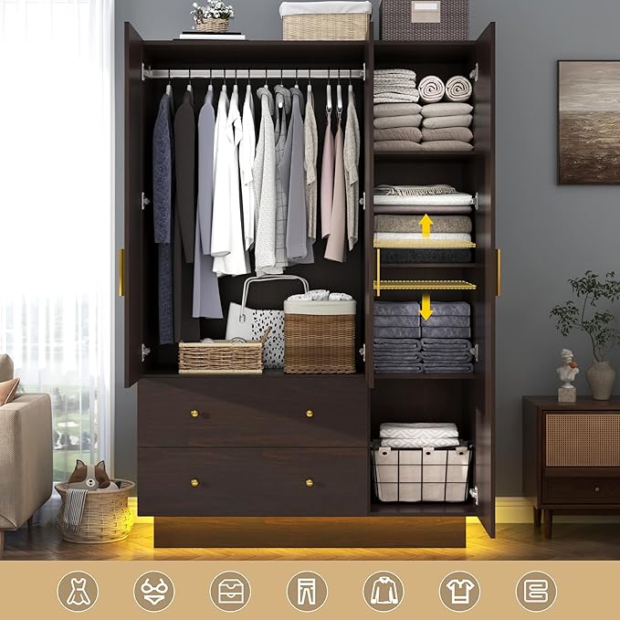 chartustriable 3 Doors Armoire Wardrobe Closet with Mirror, LED Armoire with Doors and Drawers, Wooden Wardrobe Storage Cabinet with Hanging Rod, Adjustable Shelves, Brown