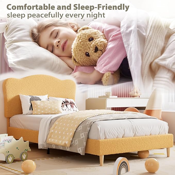 GarveeHome Upholstered Full Size Bed Frame for Kids with Scallop Headboard, Cute Velvet Full Bed for Girls, Boys, Sturdy Platform Bed, No Box Spring Needed, Wooden Slats, Noise Free, Yellow