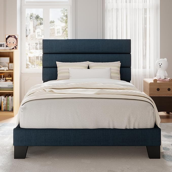 Allewie Twin Size Platform Bed Frame with Fabric Upholstered Headboard and Wooden Slats Support, Fully Upholstered Mattress Foundation/No Box Spring Needed/Easy Assembly, Navy Blue