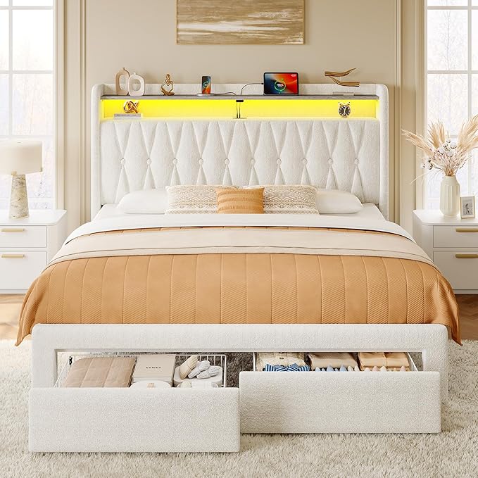 Rolanstar Full Bed Frame with Drawers, Storage Headboard with Charging Station and LED Lights, Upholstered Bed with Heavy Duty Wood Slats, No Box Spring Needed, Noise Free, Easy Assembly, Beige