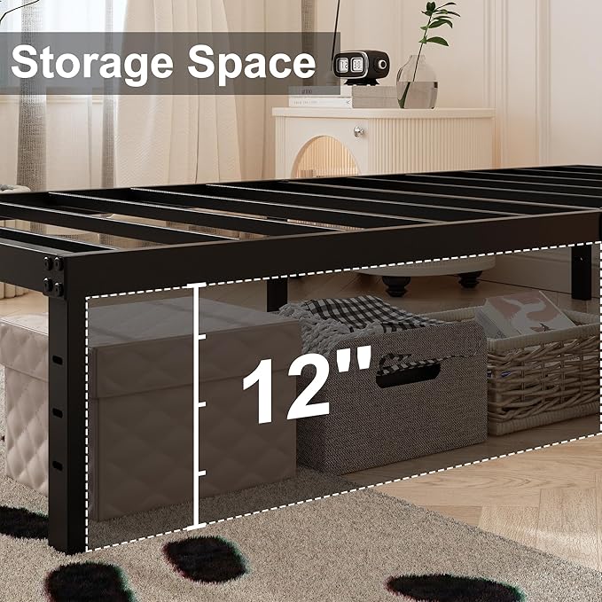Maenizi Cal King Bed Frame with White Fabric Cover, 14 Inch Heavy Duty Metal Platform Support Up to 3000 lbs with Steel Slats, No Box Spring Needed, Easy Assembly, Noise Free, Black