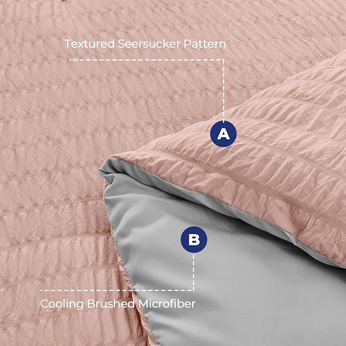 HYMOKEGE Rose Gold/Light Grey Queen Comforter Set Seersucker 7 Pieces, All Season Luxury Bed in a Bag Queen for Bedroom, Bedding Set with Comforter, Sheets, Pillowcases & Shams