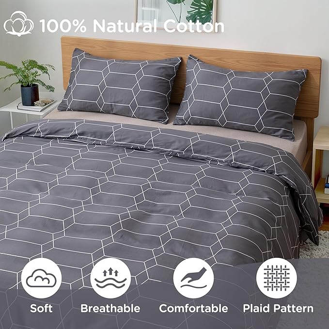 TOCOMOA Plaid Duvet Cover Set 100% Natural Cotton Soft Comfy Breathable 3 Piece Grey and White Pattern Printed Comforter Cover Bedding Set (Queen 90"x90", Comforter Not Included)