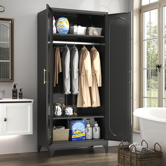 Metal Armoire Wardrobe Closet with 2 Doors, 71" Black Wardrobe Cabinet with Hanging Rod and Adjustable Shelves, Tall Clothing Storage Cabinets for Bedroom, Laundry Room, Home Office