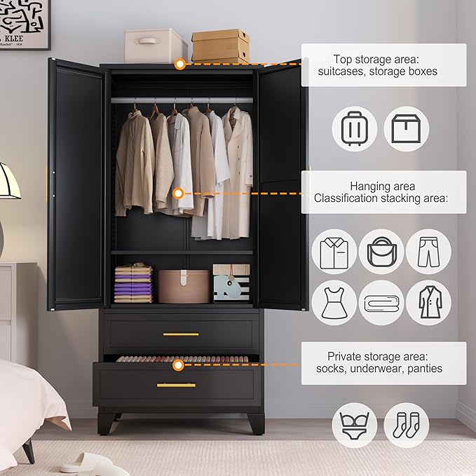 RIETERN Metal Armoire Wardrobe Closet, 71" Tall Bedroom Closet with Mirror, 2 Drawers, Adjustable Shelves, and Hanging Rod, Steel Clothes Closets and Storage, for Bedroom Black