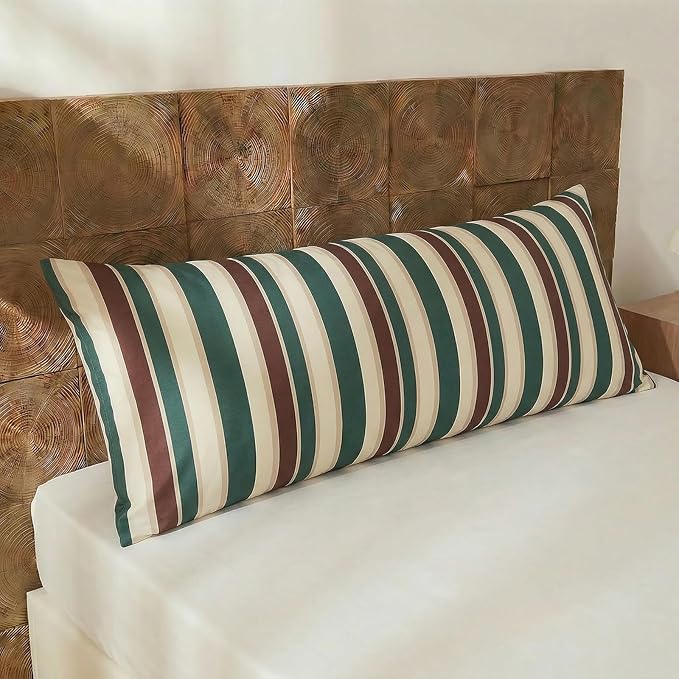 Merryword Body Pillowcases, 100% Cotton Body Pillow Cover, Green Striped Pillowcases, Luxury Linen Like Pillowcase, Soft Breathable Cabana Stripes Pillow Cover