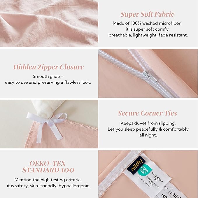 MILDLY Super Soft Duvet Cover - 100% Washed Microfiber Pink Comforter Cover Set 3 Pieces with Zipper Closure & Corner Ties (No Comforter)