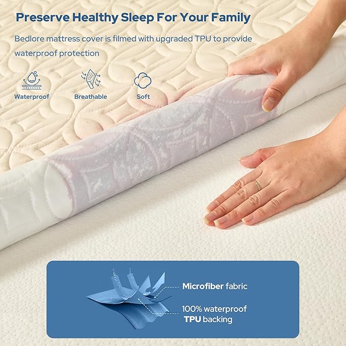 BEDLORE Waterproof Mattress Protector, King Size Noiseless Mattress Pad with Deep Pocket 6"-18" Depth, Soft Breathable Bed Mattress Cover Washable for Home, Bedroom, Hotel (Beige)