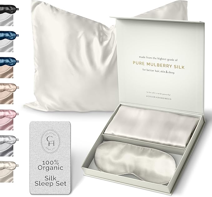 Colorado Home Co - King Size Silk Sleep Mask and Pillowcase Set, Off White, 100% Mulberry Silk, 2 Pack