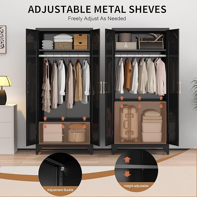 Metal Wardrobe Cabinets,Black Armoire Wardrobe Closet with Hanging Rod,Clothes Storage Cabinet with Adjustable Shelves and Doors,Clothing Cabinet for Bedroom, Office, Laundry Room