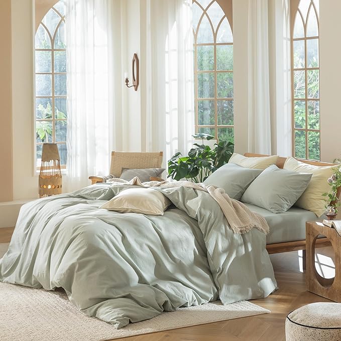 MooMee Bedding Duvet Cover Set 100% Washed Cotton Linen Like Textured Breathable Durable Soft Comfy (Heathered Sage Green, Full 80"x90")
