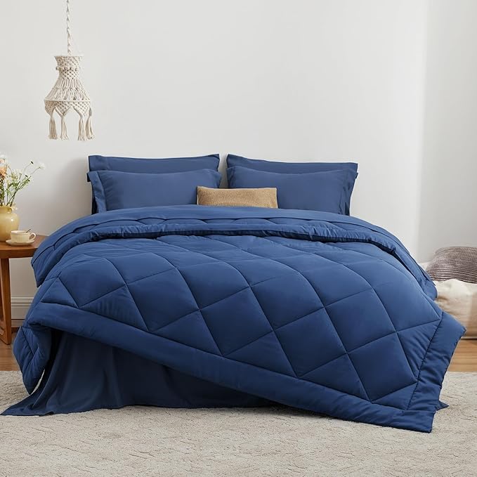 Love's cabin Twin XL Comforter Set Dark Blue, 5 Pieces Twin XL Bed in a Bag, All Season Bedding Sets with 1 Comforter, 1 Flat Sheet, 1 Fitted Sheet, 1 Pillowcase and 1 Pillow Sham | Soft, Breathable, Lightweight, Comfortable