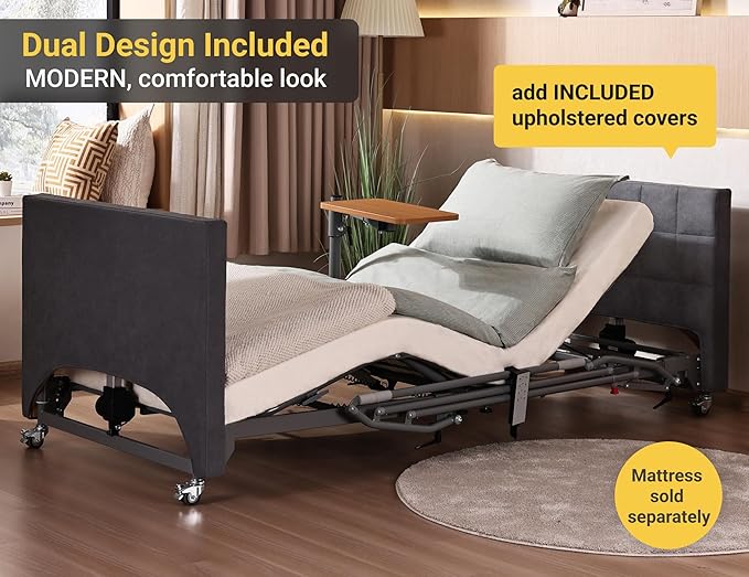 Electric Hospital Bed for Home Use – 5 Functions, Advanced German LIMOSS Motor, Ultra-Low 8.5"–25" Adjustable Height, Double Solid Wood Panels with Medical Overbed Table & Foldable Rails
