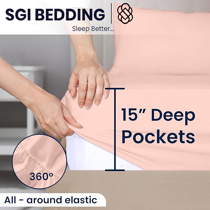 SGI bedding 32" King Split Top Flex Head Sheet 100% Egyptian Cotton Sheet Set 1000 Thread Count Flex Top Sheet for Adjustable Bed 4Pc Sheet Set 15" Deep Pocket for Sleep Number Bed - Peach